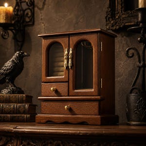 Luxe vintage houten sieradendoos met kettingcarrousel en glazen deuren, antieke ringorganizer, donkere academische stijl, cadeau voor haar afbeelding 4