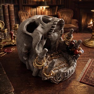 May include: A grey skull-shaped jewellery holder with open jaws and outstretched hands. The holder is filled with gold rings, necklaces, and bracelets. The skull sits on a wooden surface, with a small rug and books in the background.