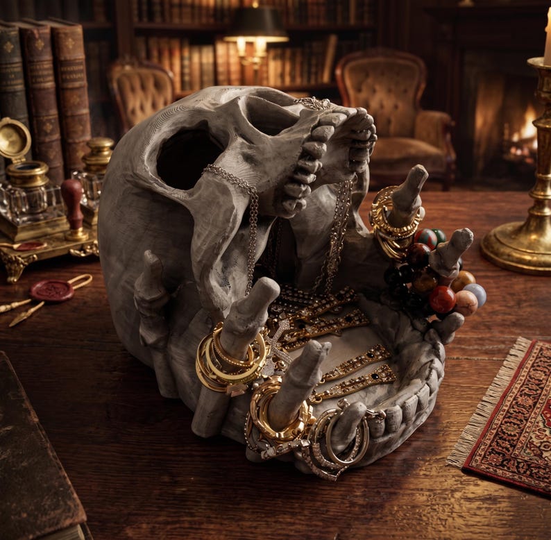 May include: A grey skull-shaped jewellery holder with open jaws and outstretched hands. The holder is filled with gold rings, necklaces, and bracelets. The skull sits on a wooden surface, with a small rug and books in the background.