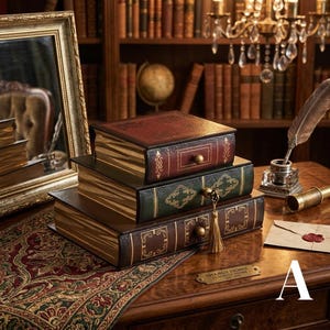 May include: A stack of three rectangular storage boxes designed to resemble vintage leather-bound books. The top box is red, the middle is green, and the bottom is dark brown, each featuring gold-toned hardware, decorative patterns, and a drawer.
