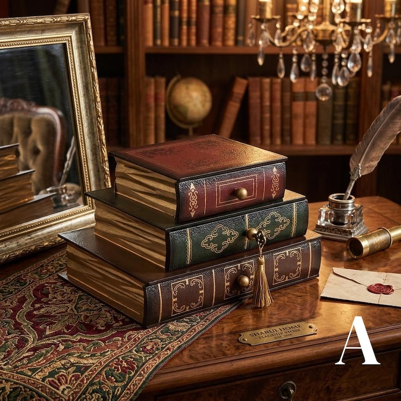 May include: A stack of three rectangular storage boxes designed to resemble vintage leather-bound books. The top box is red, the middle is green, and the bottom is dark brown, each featuring gold-toned hardware, decorative patterns, and a drawer.