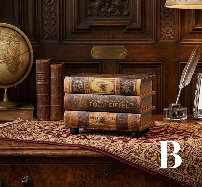 May include: A three-drawer storage chest designed to resemble a stack of vintage books. The drawers feature brown and tan spines with text including Tour Eiffel and Phytographia, each equipped with a small round knob and four black feet.