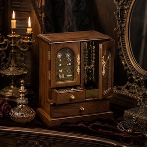 Luxe vintage houten sieradendoos met kettingcarrousel en glazen deuren, antieke ringorganizer, donkere academische stijl, cadeau voor haar afbeelding 2