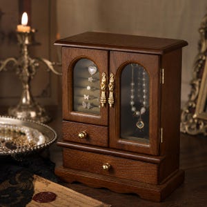 Luxe vintage houten sieradendoos met kettingcarrousel en glazen deuren, antieke ringorganizer, donkere academische stijl, cadeau voor haar afbeelding 8
