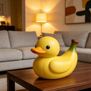 Pode incluir: Uma escultura híbrida de pato-banana amarela e peculiar. O pato tem um bico laranja e olhos pretos, enquanto a cauda de banana apresenta detalhes verdes e castanhos. A escultura está colocada numa mesa de madeira castanha escura numa sala de estar. Mede cerca de 25 cm de comprimento.