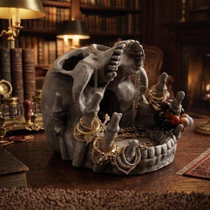 May include: A grey skull-shaped jewellery holder filled with gold rings, necklaces, and bracelets. The skull's open mouth and outstretched bony fingers display the jewellery. The holder sits on a wooden surface, with a blurred library background.