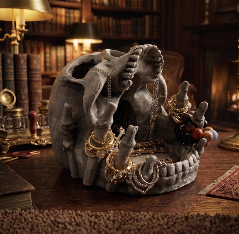 May include: A grey skull-shaped jewellery holder filled with gold rings, necklaces, and bracelets. The skull's open mouth and outstretched bony fingers display the jewellery. The holder sits on a wooden surface, with a blurred library background.