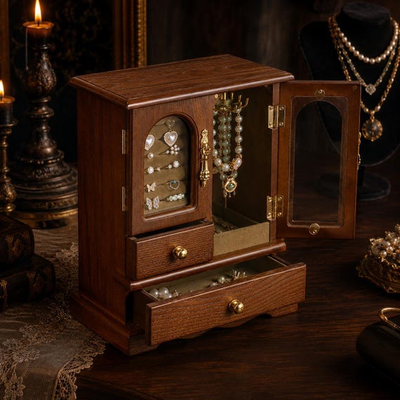 Premium Vintage Wooden Jewelry Box with Necklace Carousel & Glass Doors, Antique Ring Organizer Chest, Dark Academia Decor, Gift for Her