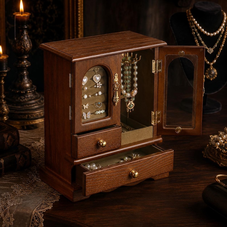 Luxe vintage houten sieradendoos met kettingcarrousel en glazen deuren, antieke ringorganizer, donkere academische stijl, cadeau voor haar afbeelding 1