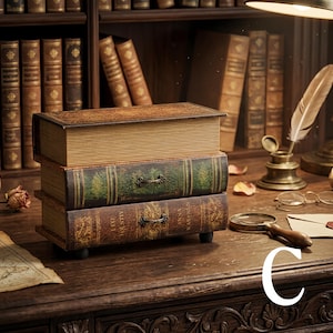 May include: A decorative storage box designed to look like a stack of three antique books. The top book has a brown cover, the middle is green, and the bottom is brown with the text Leo Tolstoy Anna Karenina. It features two small metal drawer pulls.