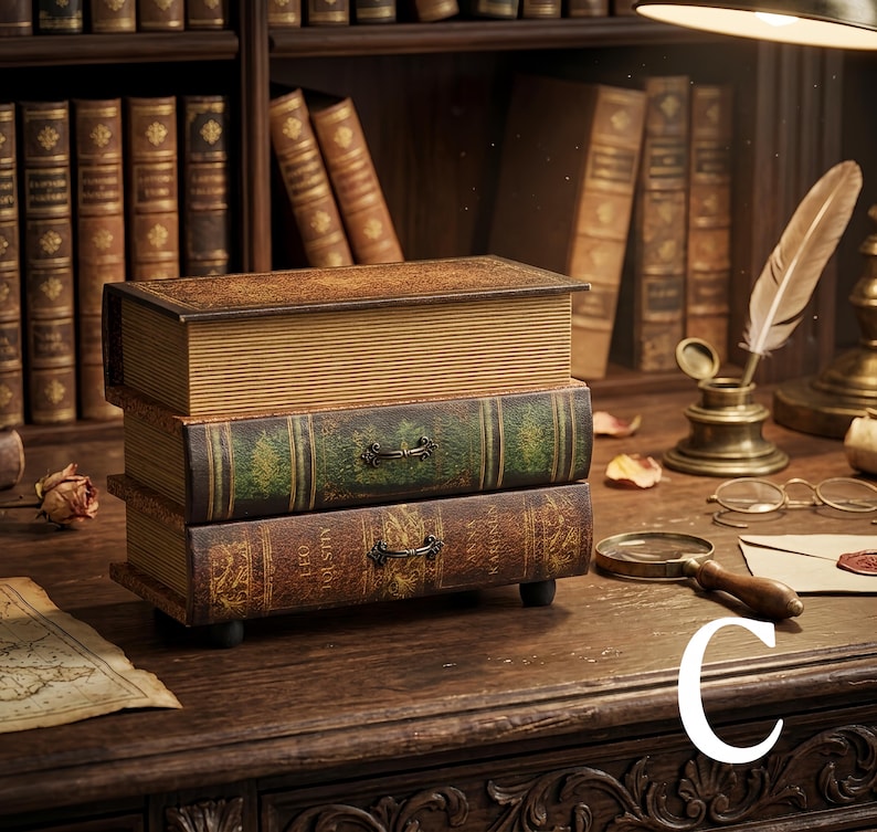 May include: A decorative storage box designed to look like a stack of three antique books. The top book has a brown cover, the middle is green, and the bottom is brown with the text Leo Tolstoy Anna Karenina. It features two small metal drawer pulls.