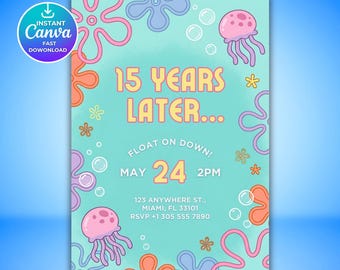 Editable Sponge Under the Sea Birthday Invitation, Years Later Theme Party Invite, Funny Ocean Birthday Canva Template