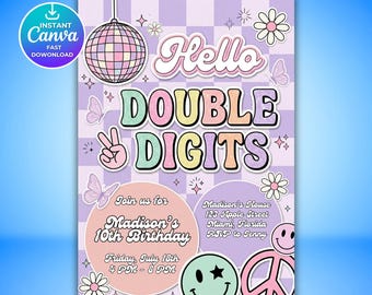 Editable 10th Birthday Party Invitation, Hello Double Digits Girl Smiley Preppy Varsity Y2K Groovy Retro Evite, Instant Download Canva Evite