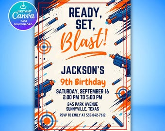 Nerf Birthday Invitation, Ready Set Blast Party Invite, Editable Dart Blaster Birthday Template, Printable Digital Download