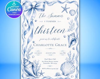 The Summer I Turned Thirteen Birthday Invitation, TSITP Theme Invite, Blue Hydrangea Teen Girl Birthday, Any Age Editable Canva Invite