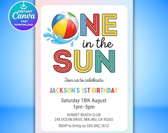 ONE in the Sun Birthday Bundle, Editable 1st Birthday Party Package, Pool Party Beach Tropical Summer Theme Invitation Templates, Canva