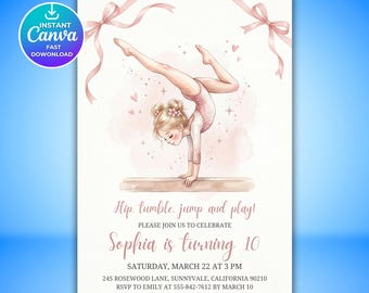 Gymnastics Birthday Invitation Template, Editable Canva Tumble Party Invite for Girls, Any Age Gymnastics Birthday, Instant Download