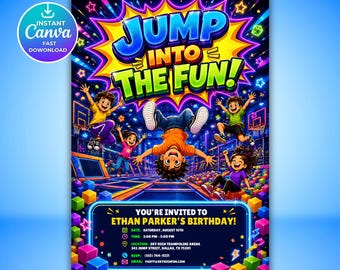 Trampoline Park Birthday Invitation, Bounce Party Invite, Jump Zone Kids Birthday, Indoor Bounce House Canva Template, Printable Invite
