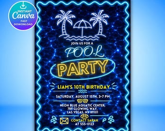Pink Bow Pool Party Invitation Template, Whimsical Swim Birthday Invite, Coquette Summer Birthday Party, Editable Canva Pool Celebration