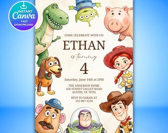 Plantilla de invitación de cumpleaños de Toy Story, invitación editable en Canva, descarga digital para cumpleaños infantiles, descarga instantánea.