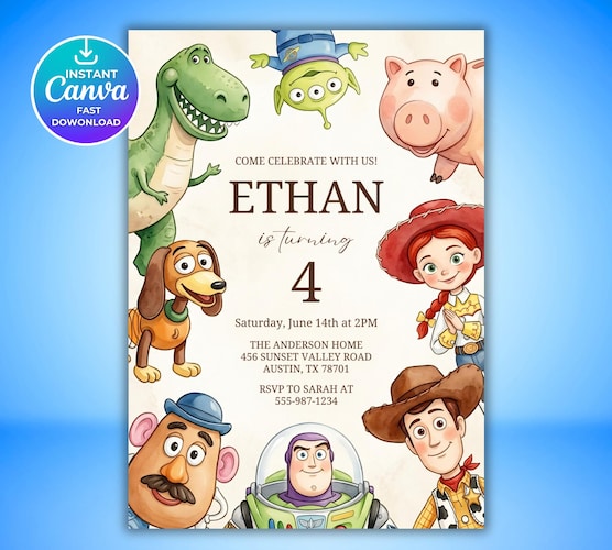 Toy Story Birthday Invitation Template — Editable Canva Party Invite
