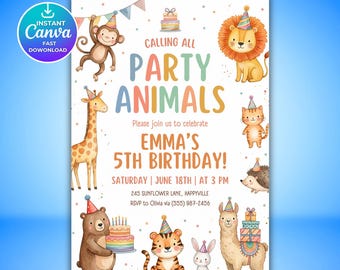 Calling All Party Animals Invitation Template, Editable Canva Birthday Mobile Invite, Safari Animal Party Digital Download