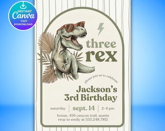 Editable Three Rex Dinosaur Birthday Invitation, Boys 3rd Birthday Dino Party Invite, Three-Rex on the Loose 5x7 Canva Template