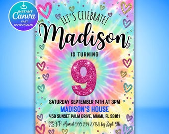 Editable Tie Dye Birthday Invitation, Retro Girls Party Invite, T-Shirt Painting Birthday Canva Template, Digital Download