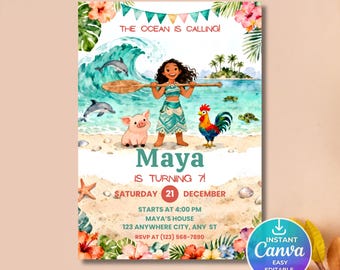 Editable Moana Birthday Invitation | Canva Template Evite | Printable Ocean Theme Party Invite for Girl | Digital Download Invitation