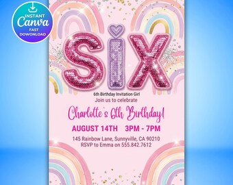 6th Birthday Invitation for Girls, Editable Rainbow Sequin Glitter Party Invite, Printable Pink Birthday Template, Canva Digital Download