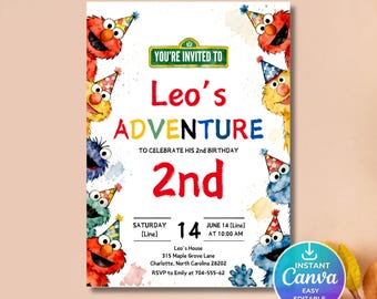 Editable Kids Cartoon Birthday Invitation, Elmo Party Evite, Elmo & Friends Theme Birthday Card, Canva Template (Digital Download)