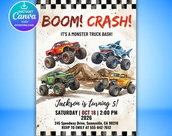 Monster Truck Birthday Invitation Template, Editable Canva Truck Party Invite, 5x7 & Mobile, Instant Download Kids Birthday Invitation A214
