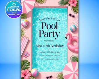 Pink Bow Pool Party Birthday Invitation Template, Whimsical Hand Drawn Summer Swim Invite, Editable Canva Template