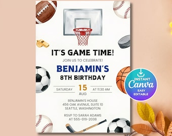 Editable Sports Birthday Invitation, Football Invite, Canva Template, Digital Download | 5x7 |