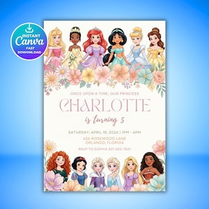 Op de afbeelding: Een verjaardagsuitnodigingskaart met illustraties van twaalf geanimeerde prinsessen in rijen, versierd met bloemen. De tekst luidt: Once upon a time, our princess Charlotte is turning 5, Saturday, April 18, 2026, 1pm-4pm, 456 Rosewood Lane, Orlando, Florida, RSVP to Sophia 321-555-7821.