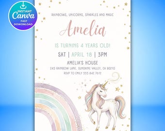 Editable Unicorn Birthday Invitation, Magical Pastel Rainbow Unicorn Party Invite, Whimsical Fairytale Princess Canva Template Download