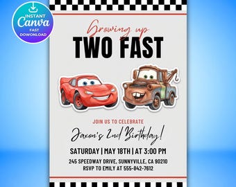 Lightning McQueen Cars Birthday Invitation, Two Fast 2nd Birthday Party Invite, Editable Canva Template, Boys Racing Party Invitation