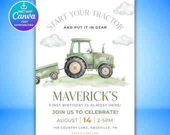 Editable Tractor Birthday Invitation, Green Farm Party Invite, Ranch Birthday Evite for Boy or Girl, Printable Canva Tractor Template