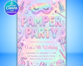 Pamper Party Birthday Invitation, Editable Spa Sleepover Girls Invite, Pastel Glitter Pink Spa Party Canva Template Printable Download
