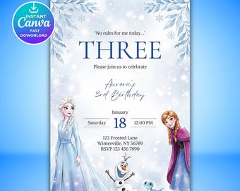 Frozen 3rd Birthday Invitation Template, Princess Elsa Anna Party Invite, Girl Winter Birthday Invitation, Editable Canva Digital Download