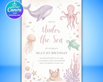 Oneder the Sea Mermaid 1st Birthday Invitation, Under the Sea Mermaid Bash Invite, 5x7 Editable Mermaid Birthday Party Invitation Template