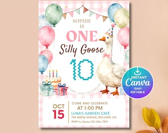 One Silly Goose Girl Birthday, Pink Gingham Silly Goose 1st Birthday Invitation - Watercolor Gingham | Digital Download