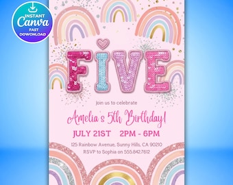5th Birthday Invitation for Girls, Editable Rainbow Sequin Glitter Party Invite, Pink Girls Birthday Template, Printable Digital Download