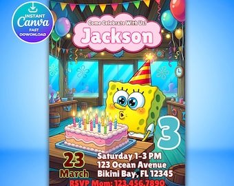 Editable Sponge Cake Birthday Invitation Template, Custom Kids Birthday Party Invite, Printable Canva Digital Download Template