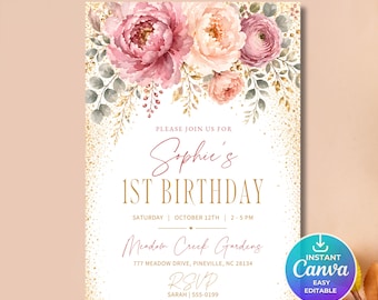 Floral First Birthday Invitation | Editable Garden Floral Invite|Printable Wildflower 1st Birthday | Girls Birthday Invitation Template