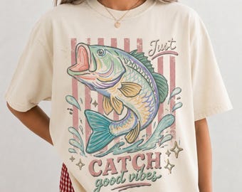 Comfort Colors Retro Bass Fish T-shirt, Pastel Fishing Graphic Tee, Preppy Coastal Lake Design, Summer Fishing Shirt , Funny T-shirt