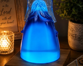 Blue Resin Angel Night Light | Rustic White Oak Base, Christian Memorial Keepsake