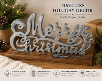 Resin Merry Christmas - Silver With Resin Design in included Wood Base