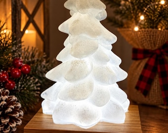 Illuminated Handcrafted Translucent Christmas Tree: Hand-Cast Shimmering Resin with Genuine White Oak