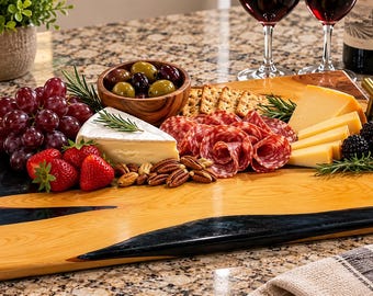 Dark Green Resin River Charcuterie Board – Handcrafted Live Edge Wood Serving Tray